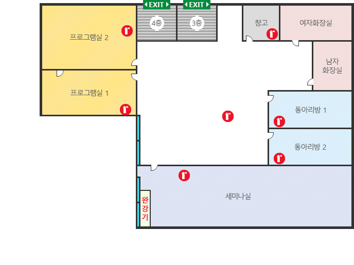 거창군 청소년문화의집 3층에는 2층에서 올라오는 계단을 기준으로 하여 시계 반대방향으로 4층으로 올라가는 계단, 프로그램실2, 프로그램실1, 창문, 창문 앞에 완강기, 세미나실, 동아리방2, 동아리방1, 남자화장실, 여자화장실, 탕비실이 있습니다. 소화기는 프로그램실2, 프로그램실1, 세미나실, 동아리방2, 동아리방1, 탕비실 내부에 있고, 복도에 한개의 소화기가 배치되어 있습니다.